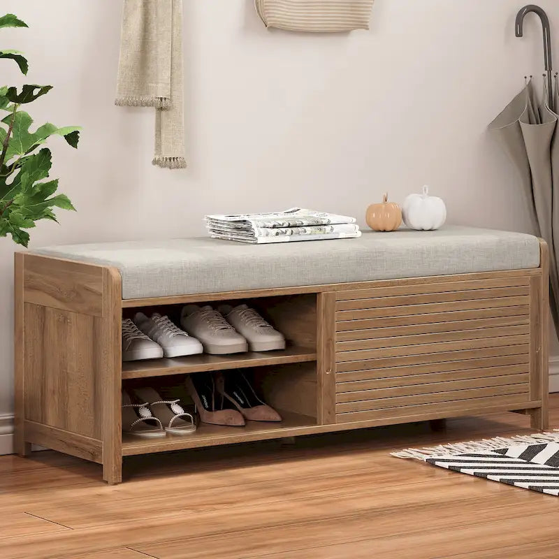 Banc de rangement avec volets décoratifs en placage d'acacia pour un charme rétro dans le salon ou l'entrée (Bleu marine)