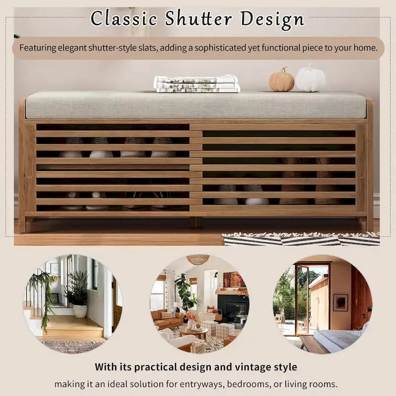 Banc de rangement avec volets décoratifs en placage d'acacia pour un charme rétro dans le salon ou l'entrée (Bleu marine)