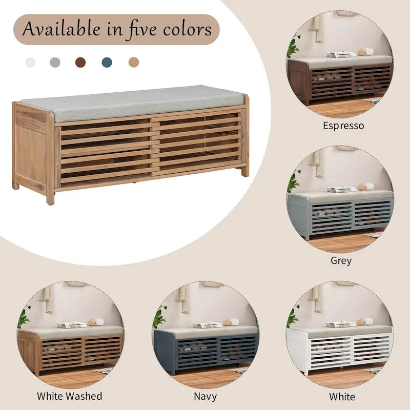 Banc de rangement avec volets décoratifs en placage d'acacia pour un charme rétro dans le salon ou l'entrée (Bleu marine)