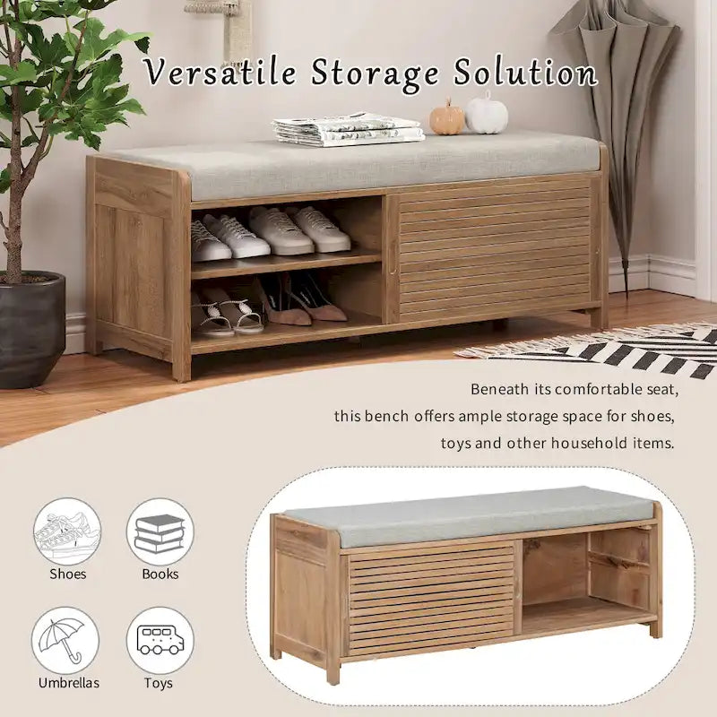 Banc de rangement avec volets décoratifs en placage d'acacia pour un charme rétro dans le salon ou l'entrée (Bleu marine)