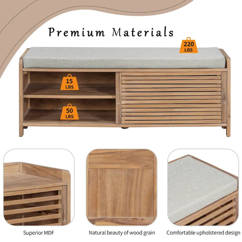 Banc de rangement avec volets décoratifs en placage d'acacia pour un charme rétro dans le salon ou l'entrée (Bleu marine)