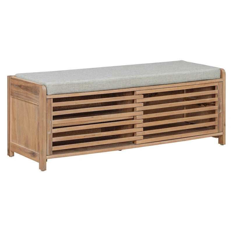 Banc de rangement avec volets décoratifs en placage d'acacia pour un charme rétro dans le salon ou l'entrée (Bleu marine)