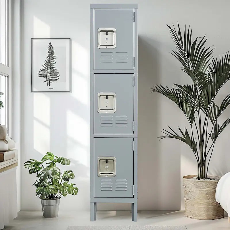 Casier en métal 3 portes 66H avec serrure pour employés, armoire de rangement pour gymnase à domicile, bureau, école, garage, gris