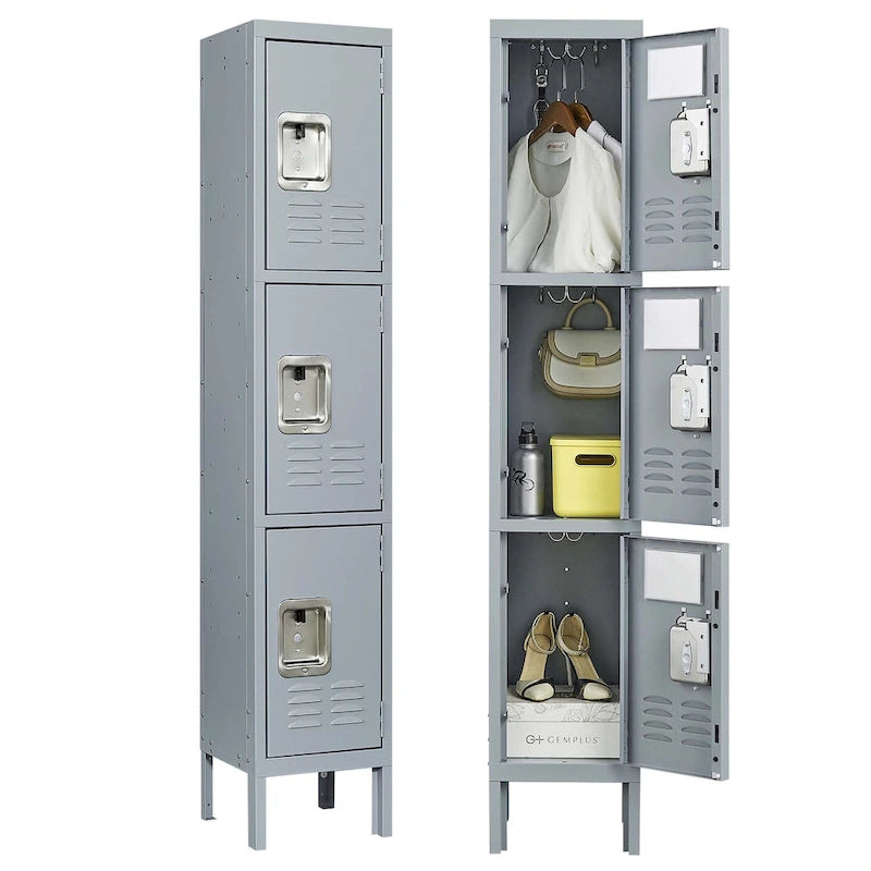 Casier en métal 3 portes 66H avec serrure pour employés, armoire de rangement pour gymnase à domicile, bureau, école, garage, gris