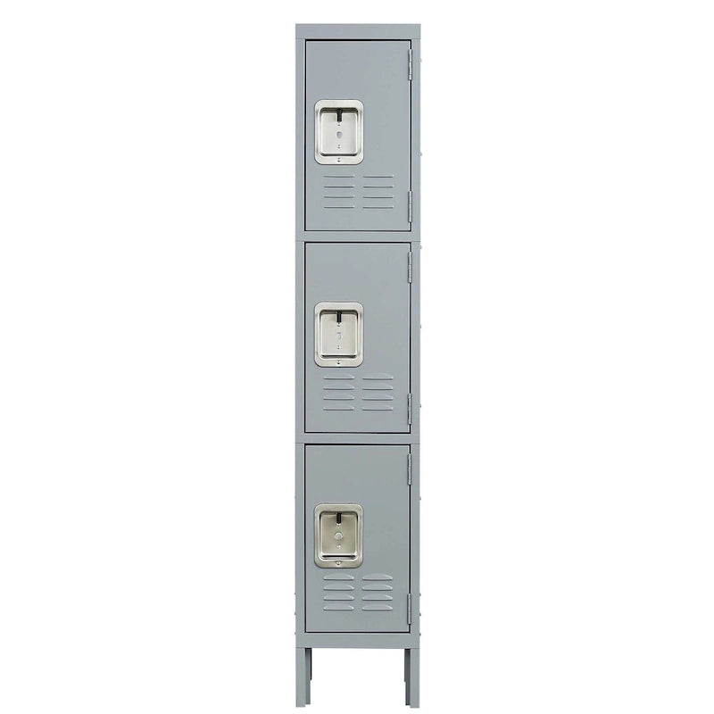 Casier en métal 3 portes 66H avec serrure pour employés, armoire de rangement pour gymnase à domicile, bureau, école, garage, gris