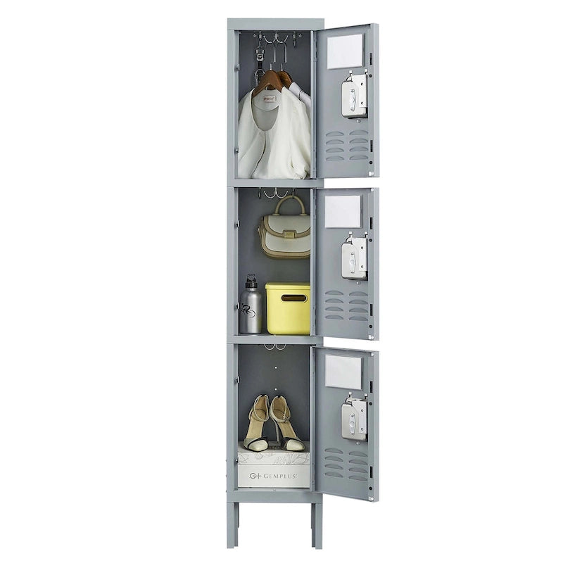 Casier en métal 3 portes 66H avec serrure pour employés, armoire de rangement pour gymnase à domicile, bureau, école, garage, gris
