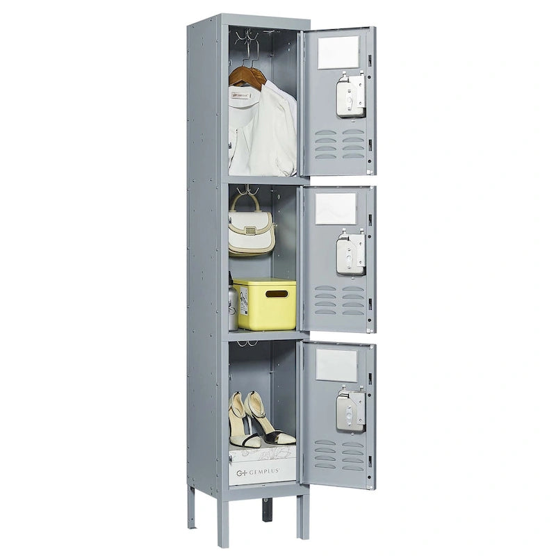 Casier en métal 3 portes 66H avec serrure pour employés, armoire de rangement pour gymnase à domicile, bureau, école, garage, gris