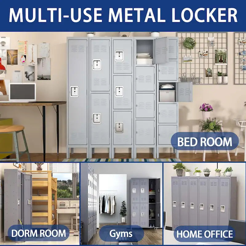 Casier en métal 3 portes 66H avec serrure pour employés, armoire de rangement pour gymnase à domicile, bureau, école, garage, gris