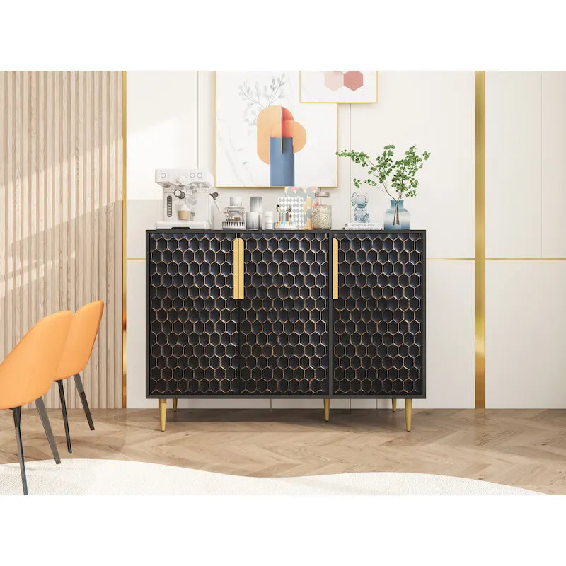Meuble de Rangement à 3 Portes, Buffet avec Étagères Réglables, Porte Métallique à Motif Hexagonal Alvéolé Sans Soudure