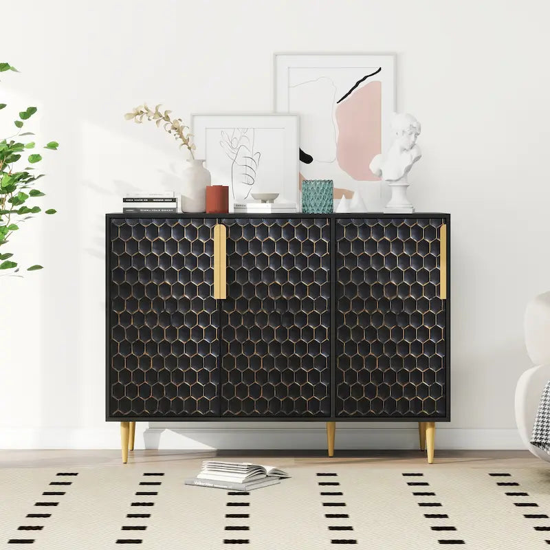 Meuble de Rangement à 3 Portes, Buffet avec Étagères Réglables, Porte Métallique à Motif Hexagonal Alvéolé Sans Soudure