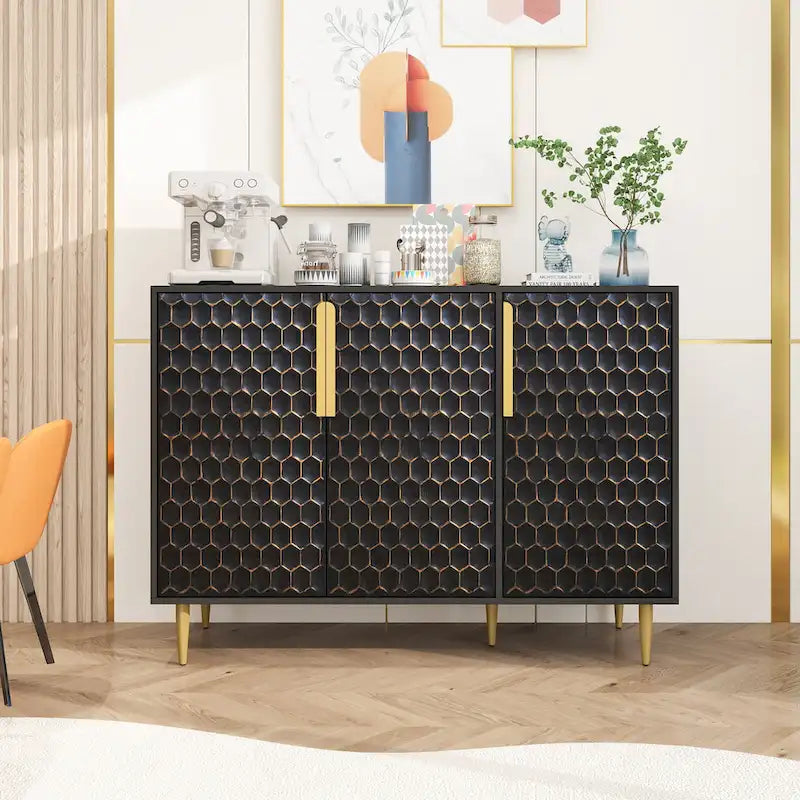 Meuble de Rangement à 3 Portes, Buffet avec Étagères Réglables, Porte Métallique à Motif Hexagonal Alvéolé Sans Soudure