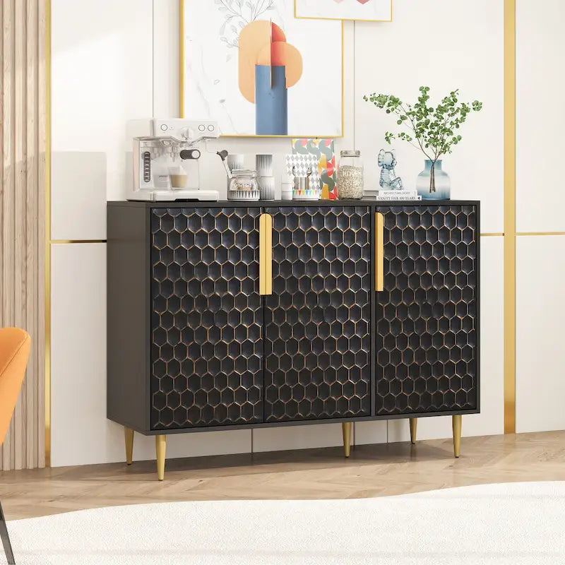 Meuble de Rangement à 3 Portes, Buffet avec Étagères Réglables, Porte Métallique à Motif Hexagonal Alvéolé Sans Soudure