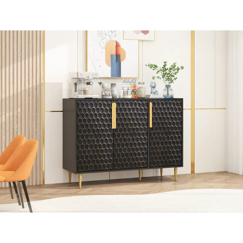 Meuble de Rangement à 3 Portes, Buffet avec Étagères Réglables, Porte Métallique à Motif Hexagonal Alvéolé Sans Soudure