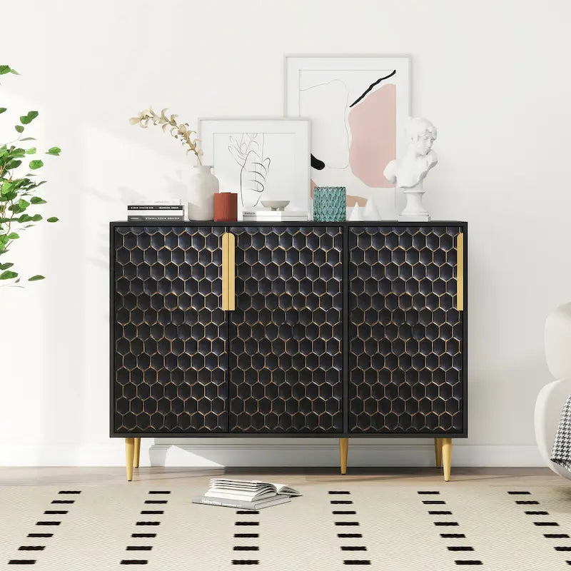 Meuble de Rangement à 3 Portes, Buffet avec Étagères Réglables, Porte Métallique à Motif Hexagonal Alvéolé Sans Soudure
