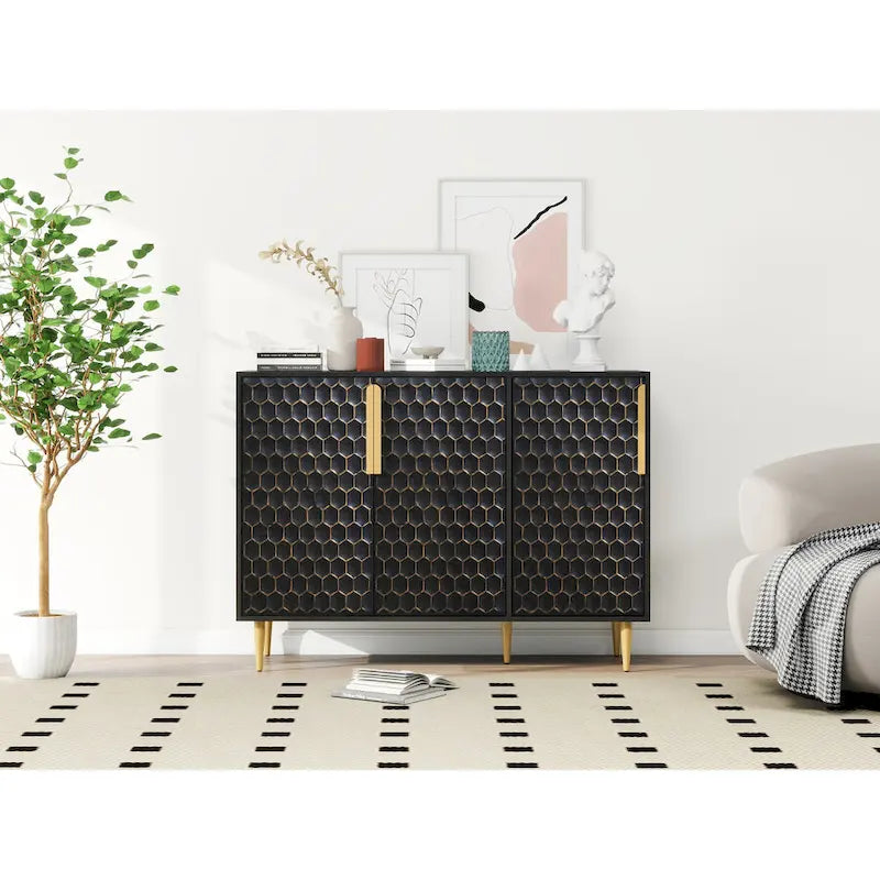 Meuble de Rangement à 3 Portes, Buffet avec Étagères Réglables, Porte Métallique à Motif Hexagonal Alvéolé Sans Soudure