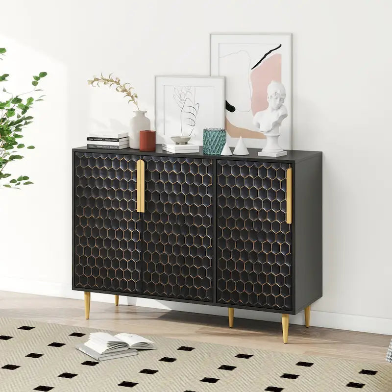 Meuble de Rangement à 3 Portes, Buffet avec Étagères Réglables, Porte Métallique à Motif Hexagonal Alvéolé Sans Soudure