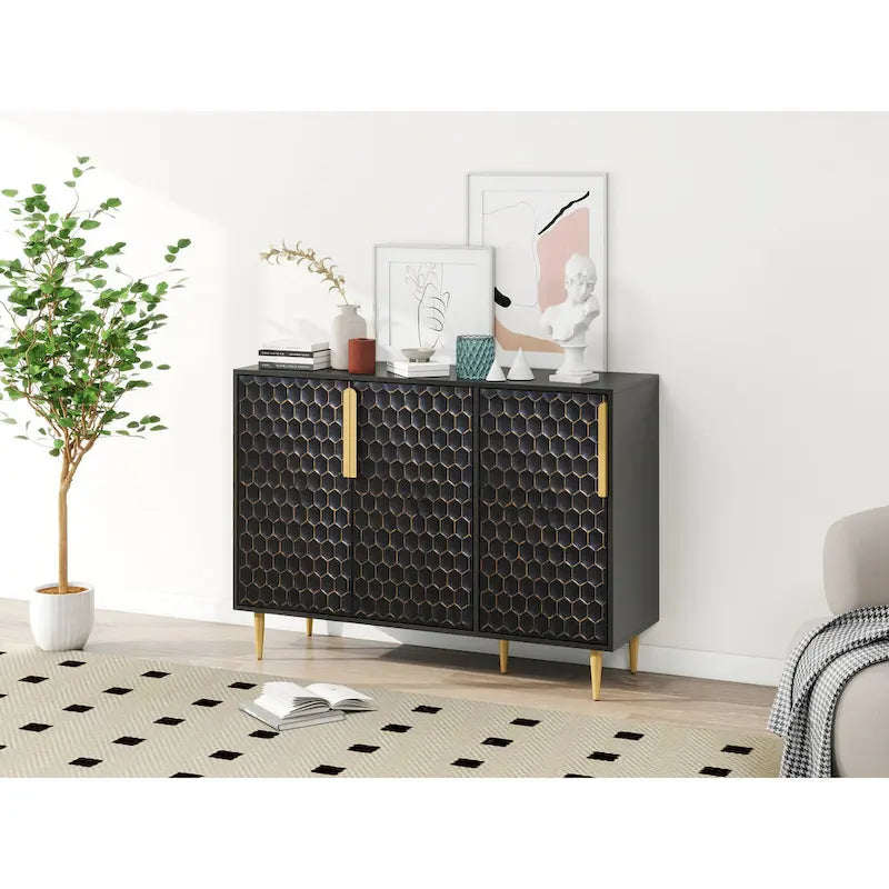 Meuble de Rangement à 3 Portes, Buffet avec Étagères Réglables, Porte Métallique à Motif Hexagonal Alvéolé Sans Soudure