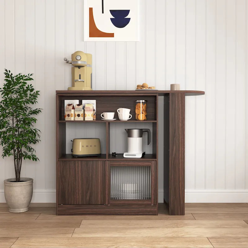 Meuble Bar Moderne avec Plateau Rotatif, Meuble de Salle à Manger Hauteur Comptoir avec 6 Espaces de Rangement et 2 Portes en Verre Nervuré