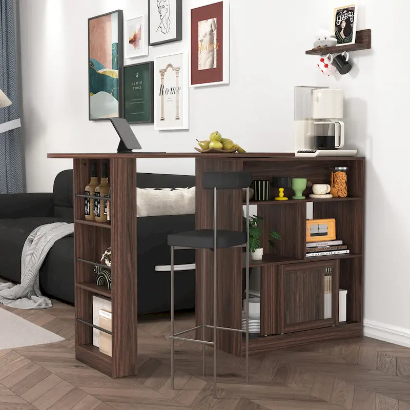 Meuble Bar Moderne avec Plateau Rotatif, Meuble de Salle à Manger Hauteur Comptoir avec 6 Espaces de Rangement et 2 Portes en Verre Nervuré