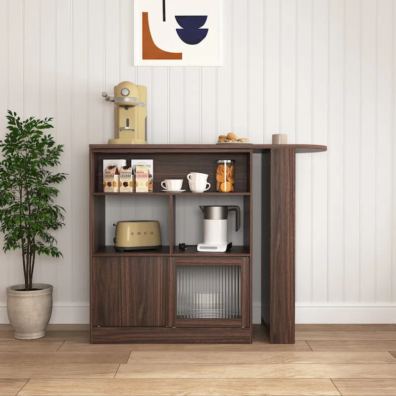 Meuble Bar Moderne avec Plateau Rotatif, Meuble de Salle à Manger Hauteur Comptoir avec 6 Espaces de Rangement et 2 Portes en Verre Nervuré
