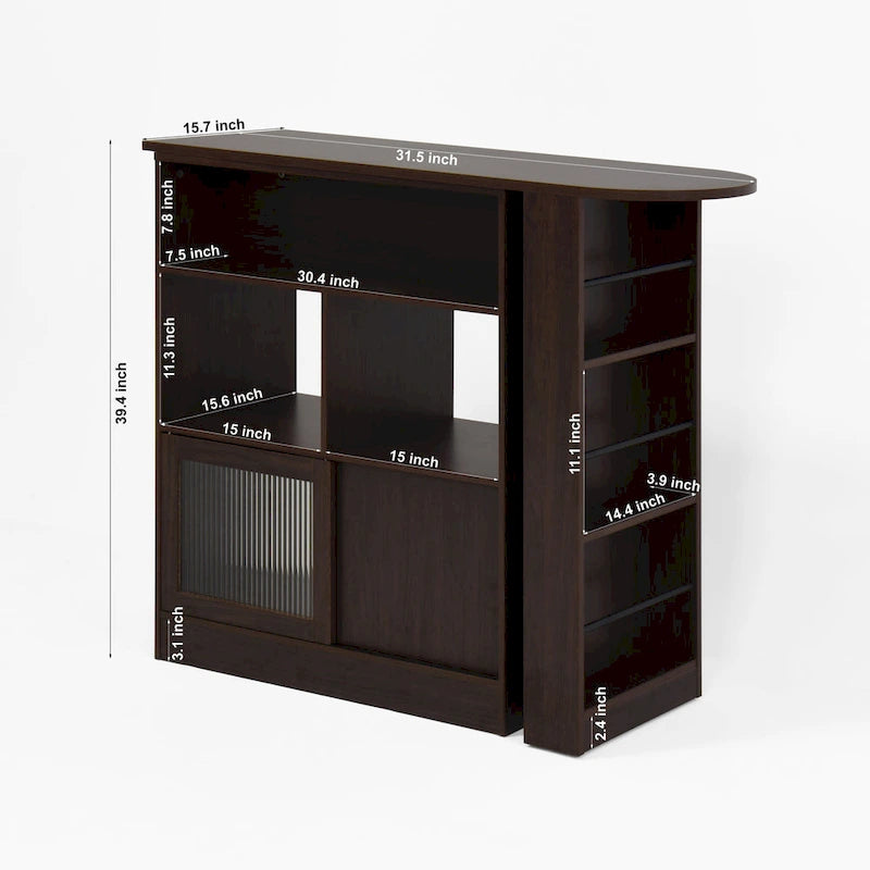 Meuble Bar Moderne avec Plateau Rotatif, Meuble de Salle à Manger Hauteur Comptoir avec 6 Espaces de Rangement et 2 Portes en Verre Nervuré