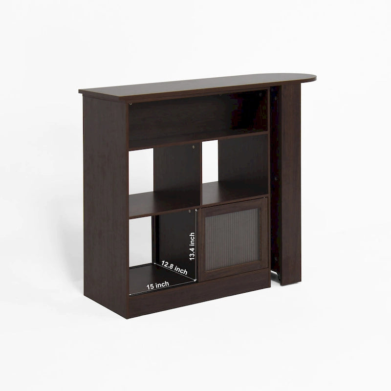 Meuble Bar Moderne avec Plateau Rotatif, Meuble de Salle à Manger Hauteur Comptoir avec 6 Espaces de Rangement et 2 Portes en Verre Nervuré