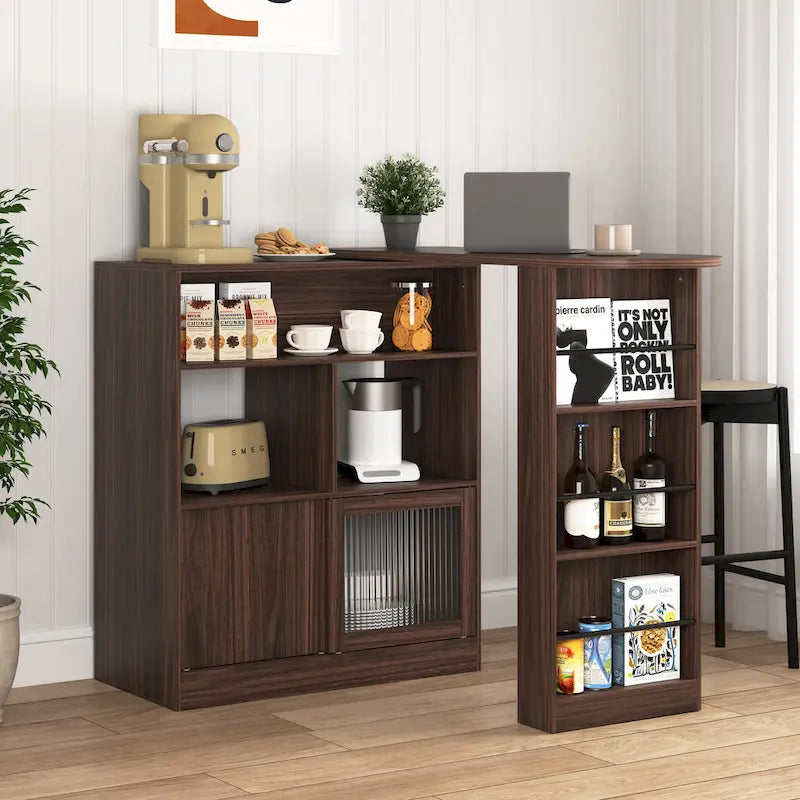 Meuble Bar Moderne avec Plateau Rotatif, Meuble de Salle à Manger Hauteur Comptoir avec 6 Espaces de Rangement et 2 Portes en Verre Nervuré