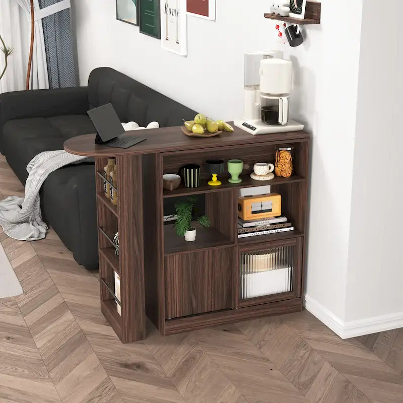 Meuble Bar Moderne avec Plateau Rotatif, Meuble de Salle à Manger Hauteur Comptoir avec 6 Espaces de Rangement et 2 Portes en Verre Nervuré