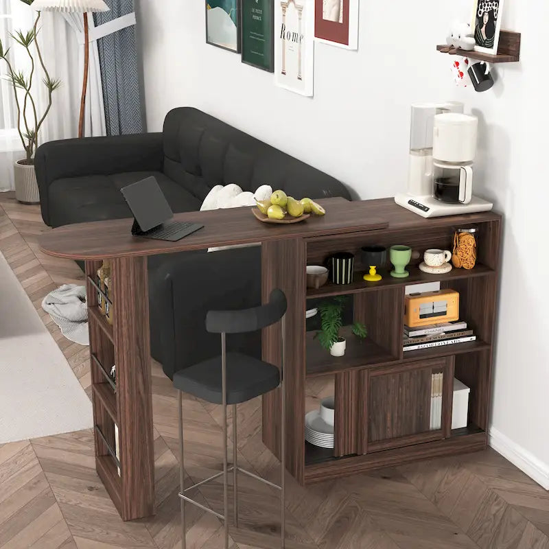 Meuble Bar Moderne avec Plateau Rotatif, Meuble de Salle à Manger Hauteur Comptoir avec 6 Espaces de Rangement et 2 Portes en Verre Nervuré