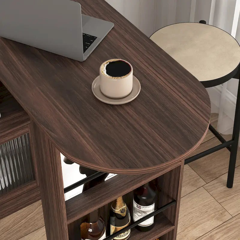 Meuble Bar Moderne avec Plateau Rotatif, Meuble de Salle à Manger Hauteur Comptoir avec 6 Espaces de Rangement et 2 Portes en Verre Nervuré