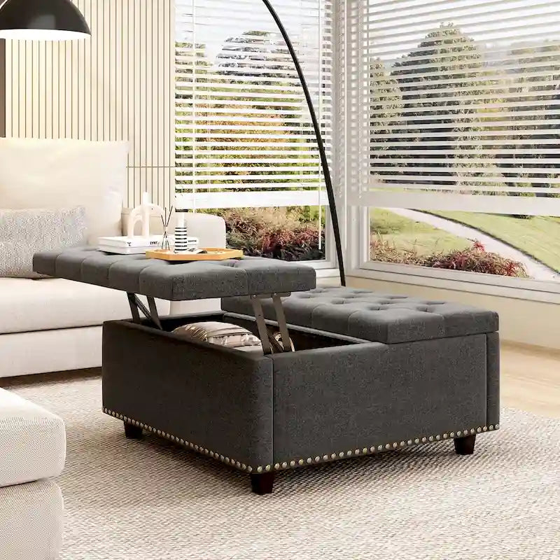 Grand banc de rangement carré, pouf avec deux portes de rangement, table basse moderne du milieu du siècle pour salon, incrustation de clous décoratifs