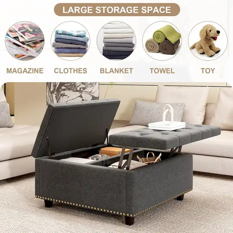 Grand banc de rangement carré, pouf avec deux portes de rangement, table basse moderne du milieu du siècle pour salon, incrustation de clous décoratifs