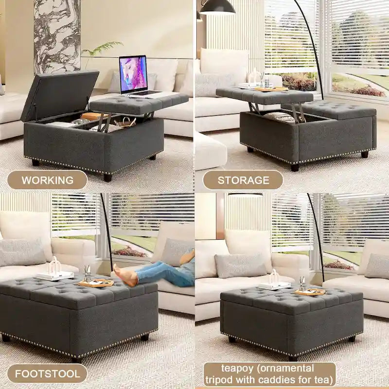 Grand banc de rangement carré, pouf avec deux portes de rangement, table basse moderne du milieu du siècle pour salon, incrustation de clous décoratifs