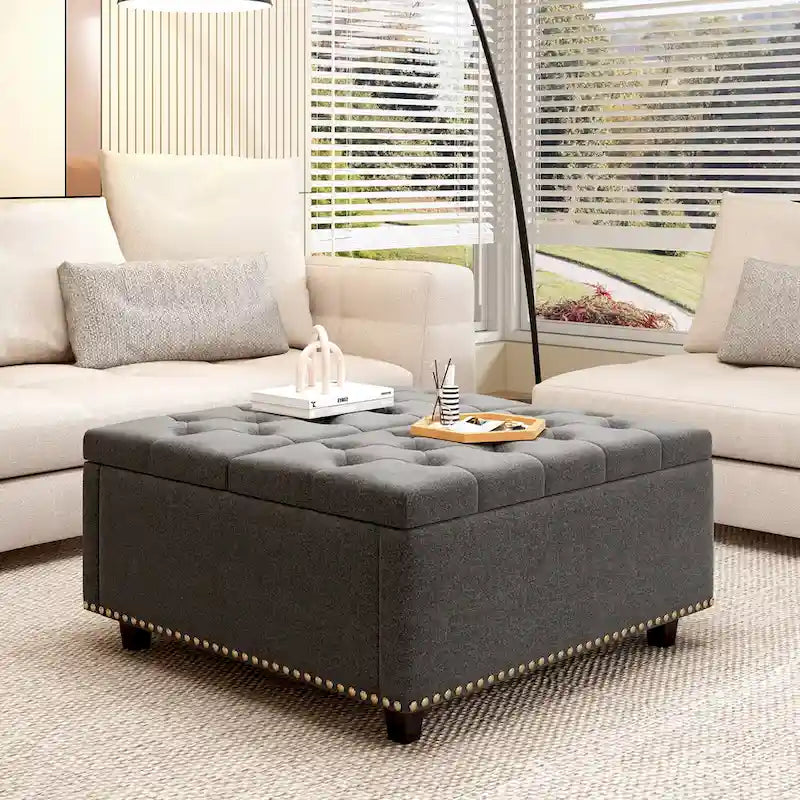 Grand banc de rangement carré, pouf avec deux portes de rangement, table basse moderne du milieu du siècle pour salon, incrustation de clous décoratifs