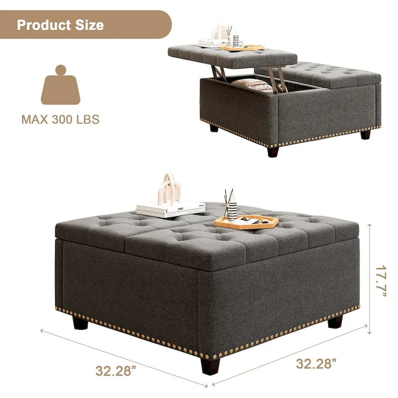 Grand banc de rangement carré, pouf avec deux portes de rangement, table basse moderne du milieu du siècle pour salon, incrustation de clous décoratifs