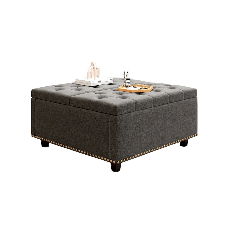 Grand banc de rangement carré, pouf avec deux portes de rangement, table basse moderne du milieu du siècle pour salon, incrustation de clous décoratifs