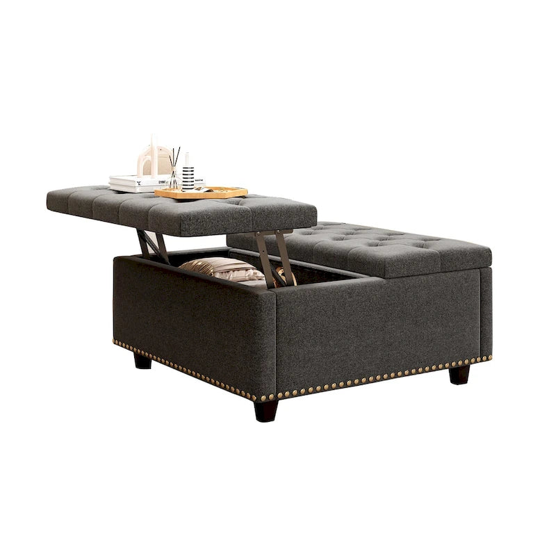 Grand banc de rangement carré, pouf avec deux portes de rangement, table basse moderne du milieu du siècle pour salon, incrustation de clous décoratifs