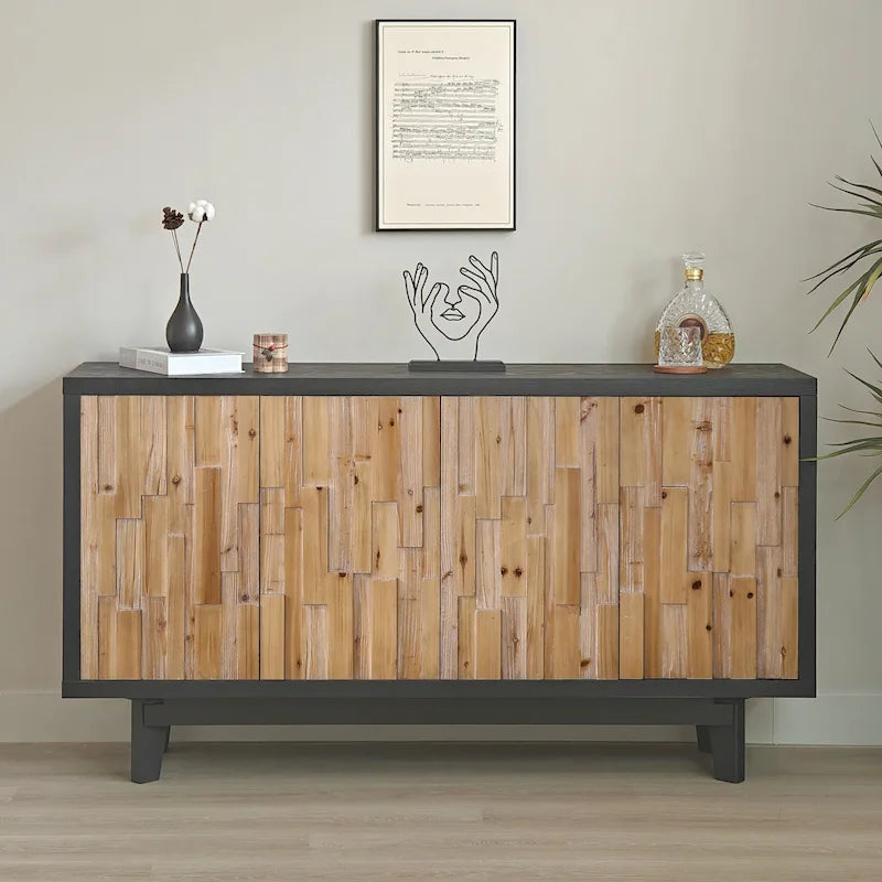 Bahut moderne en bois à 4 portes avec motif géométrique texturé – Porte en bois naturel