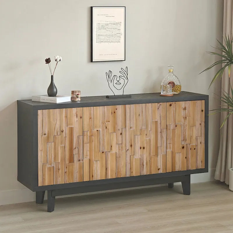 Bahut moderne en bois à 4 portes avec motif géométrique texturé – Porte en bois naturel