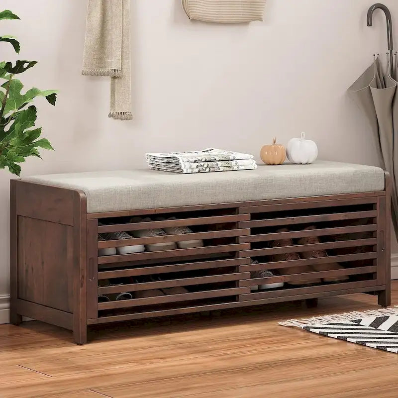 Banc de rangement en bois massif 43.30 avec stores contemporains à l'aspect vieilli