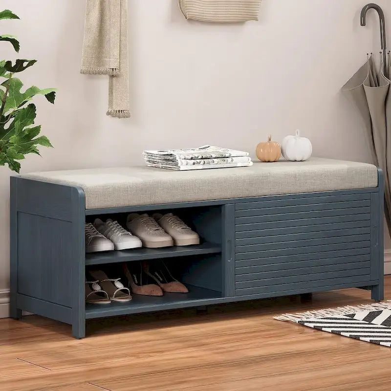 Banc de rangement en bois massif 43.30 avec stores contemporains à l'aspect vieilli