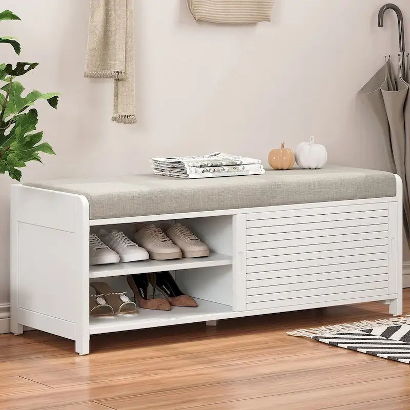 Banc de rangement en bois massif 43.30 avec stores contemporains à l'aspect vieilli