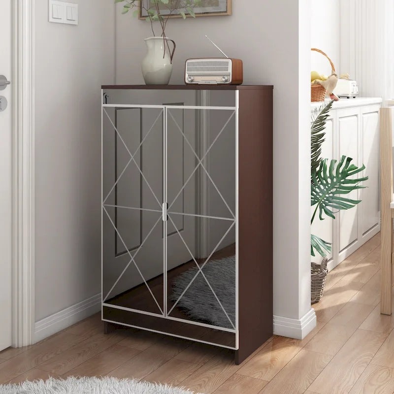 Armoire miroir de décoration élégante avec bords argentés, armoire miroir de rangement à double porte, armoire à chaussures