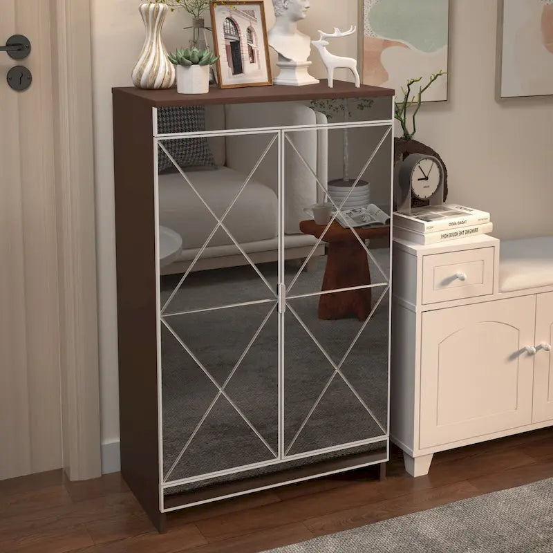 Armoire miroir de décoration élégante avec bords argentés, armoire miroir de rangement à double porte, armoire à chaussures
