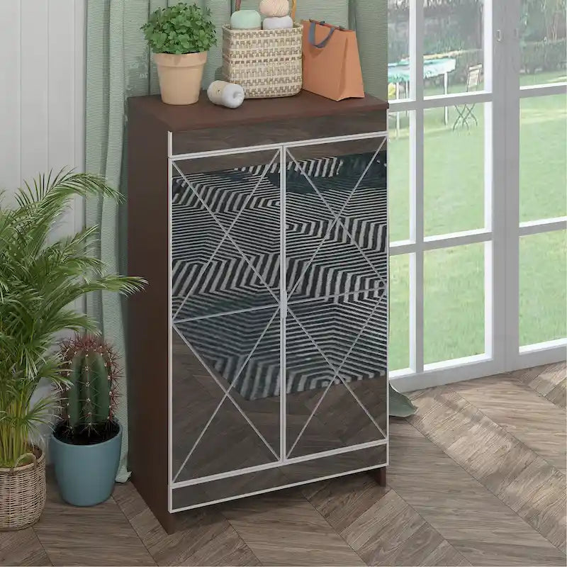 Armoire miroir de décoration élégante avec bords argentés, armoire miroir de rangement à double porte, armoire à chaussures