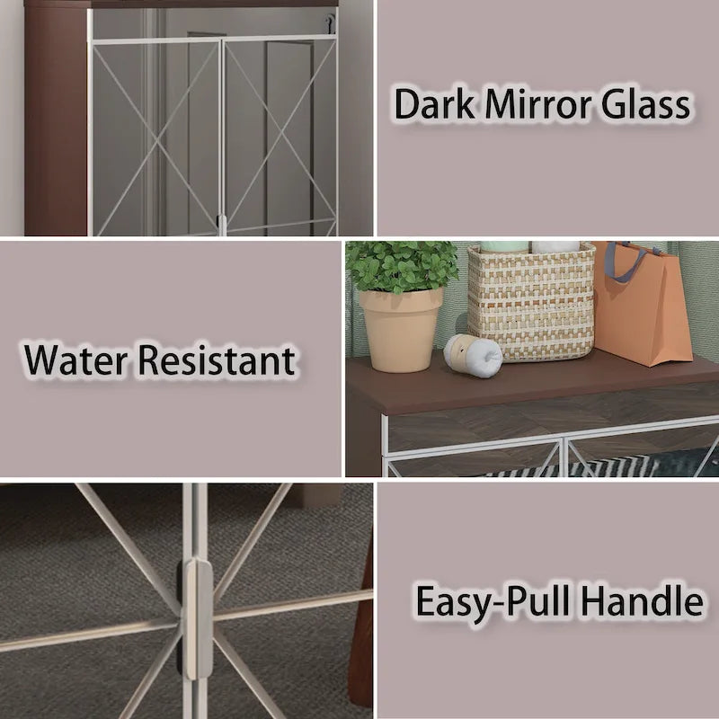 Armoire miroir de décoration élégante avec bords argentés, armoire miroir de rangement à double porte, armoire à chaussures