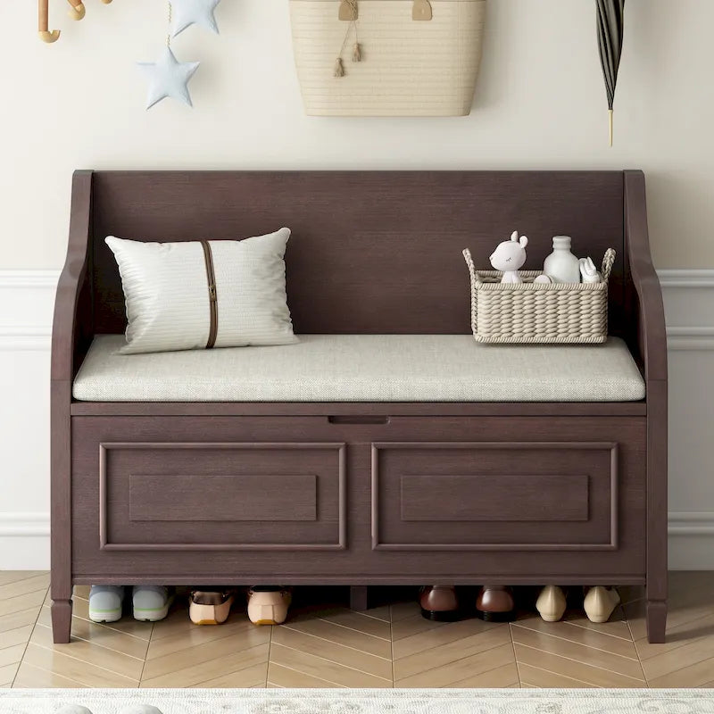 Banc de rangement multifonctionnel en bois massif de style rustique pour entrée avec charnière de sécurité
