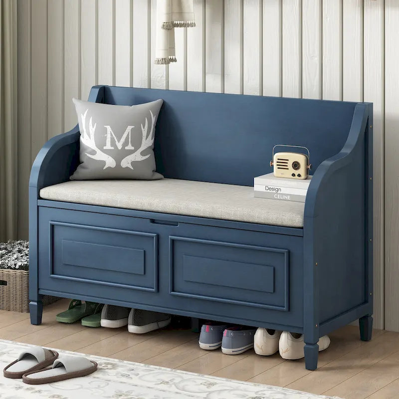 Banc de rangement multifonctionnel en bois massif de style rustique pour entrée avec charnière de sécurité