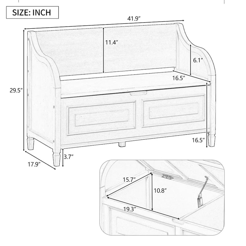 Banc de rangement multifonctionnel en bois massif de style rustique pour entrée avec charnière de sécurité