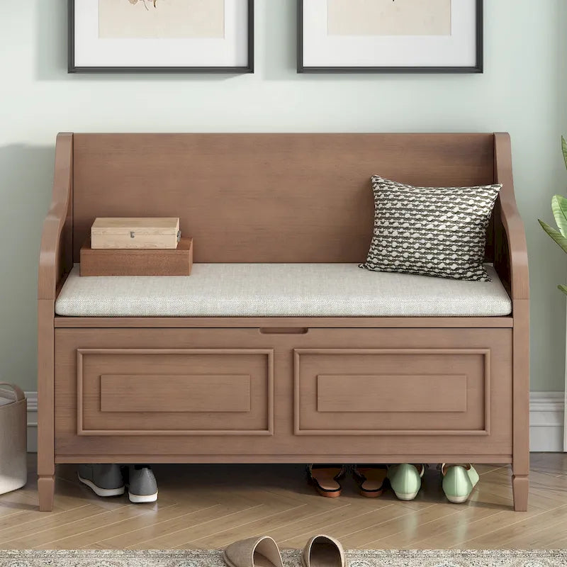 Banc de rangement multifonctionnel en bois massif de style rustique pour entrée avec charnière de sécurité